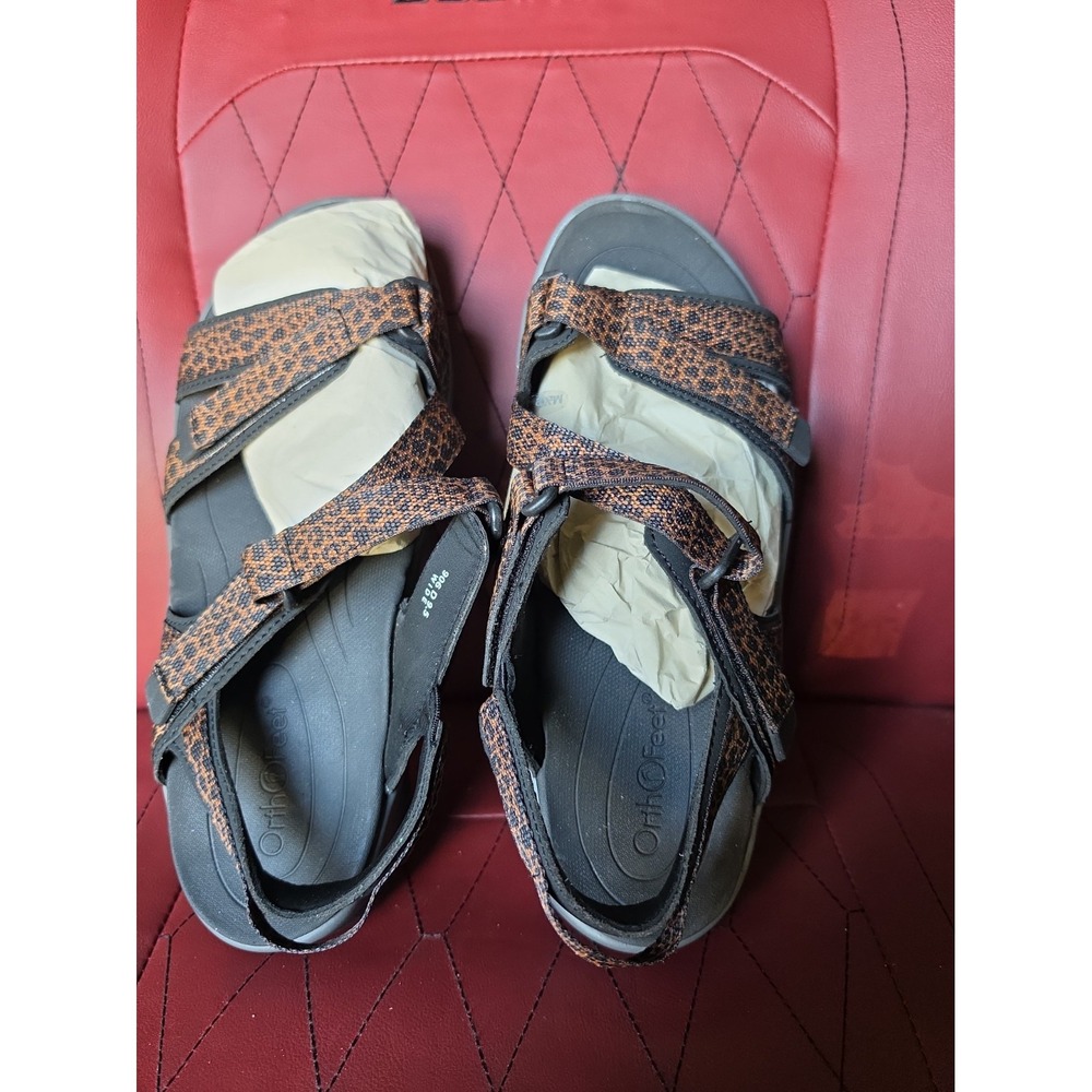 Orthofeet Women's Black/Brown Animal Print Leather Strappy Sandals US 9.5 D Wide